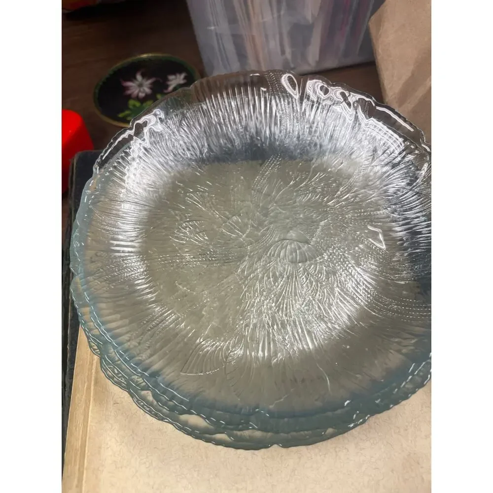 Set of 6 Vintage Clear Floral Pressed Glass Dinner Plates Iris Herringbone MCM